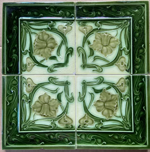 4 ALFRED MEAKIN - ANTIQUE ART NOUVEAU MAJOLICA TILE C1900 (4.5x4.5 each one)