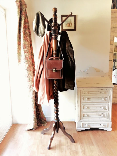 Standing Coat Rack. 6 Feet Tall, French Polished Wooden Coat and Hat Rack.