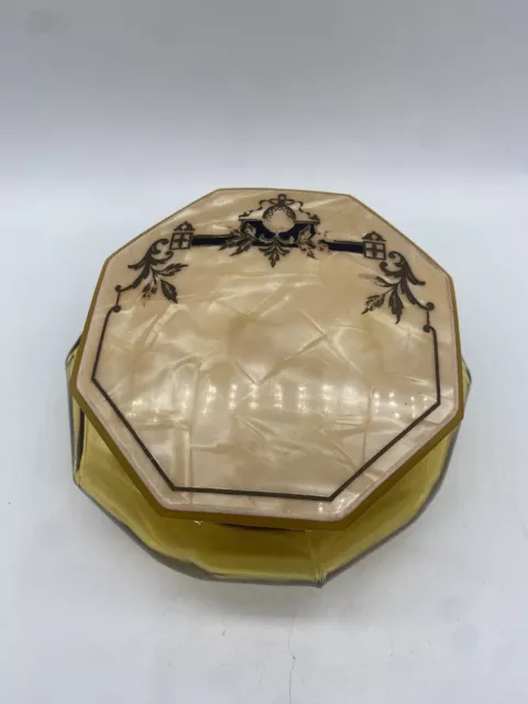 Vintage Art Deco Amber Glass Vanity Powder Jar with Celluloid/ Bakelite Lid
