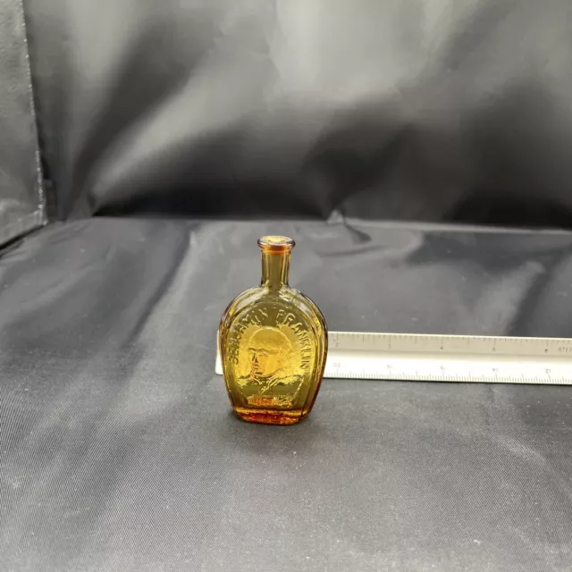 Vintage Miniature Wheaton Amber Benjamin Franklin Bottle