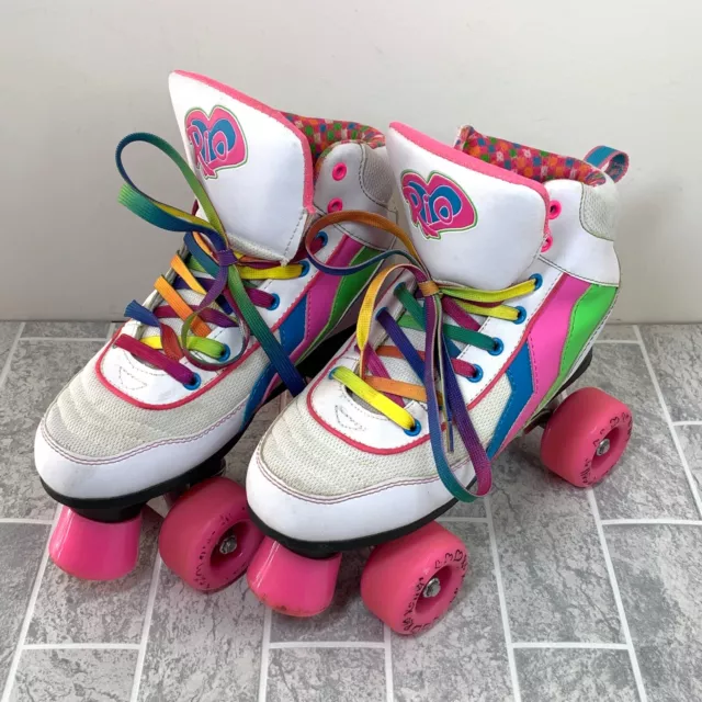 Rio Roller Skates White With Multi Colour Rainbow Design Lace Up UK Size 4 EU 37