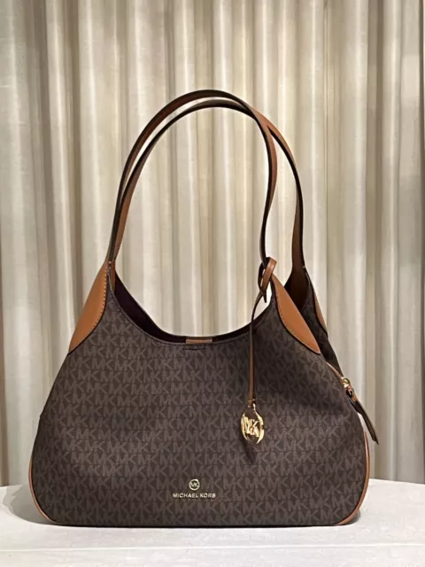 Michael Kors Kelsey Leather MK Signature Large Shoulder Bag Purse Handbag Brown