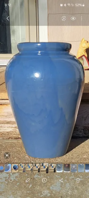 Vintage Glazed Terra Cotta Pottery Oil Jar Vase Large Blue 13" tall