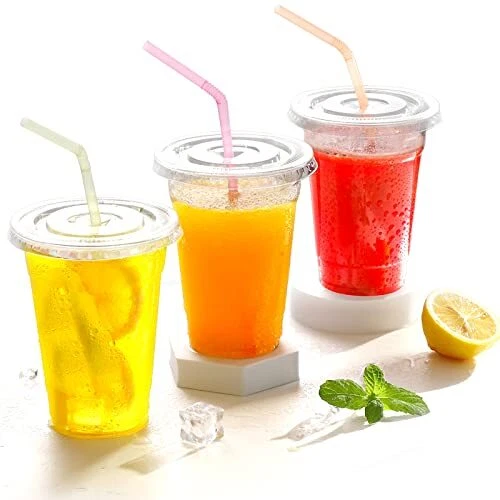 [68 Sets 24 oz Plastic cups with flat lids, Crystal Clear Disposable...