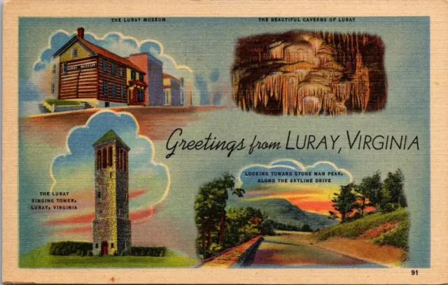 Greetings From Luray, Virginia-Multi View-Vintage Linen Postcard