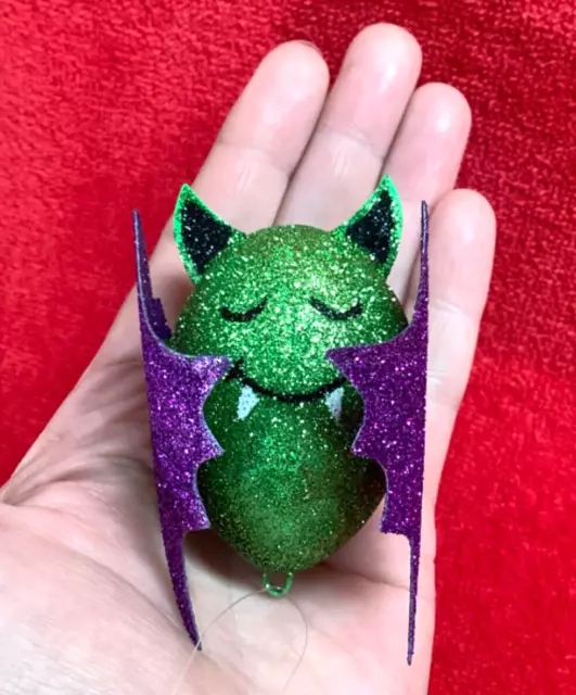 Pier 1 Imports Halloween 3" Glittered Vampire Bat Ornament Green Purple GUC