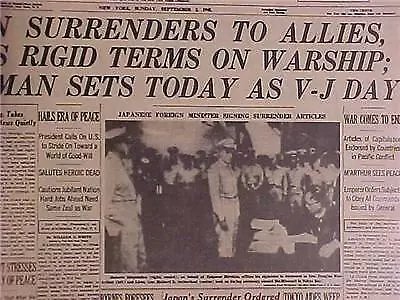 Vintage Newspaper Headline~World War 2 Japanese Army Surrenders Vj Day Wwii 1945