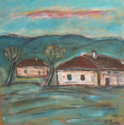 VINTAGE Espressionista Case di Paesaggio dipinto ad olio firmato 