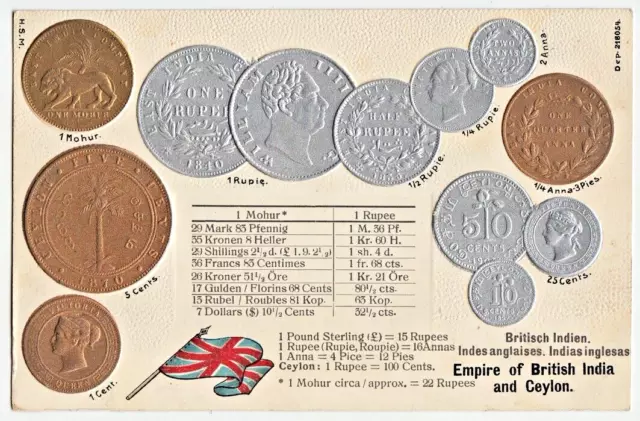 BRITISH INDIA and CEYLON Mohur, Rupies & Cents COINS COLLAGE with State Flag PC