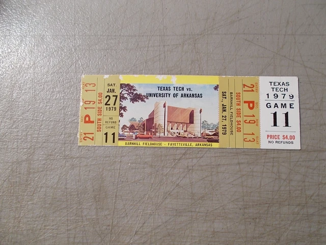 January 27, 1979 Texas Tech Vs Arkansas Basketball Ticket  At Barnhill Fieldhous