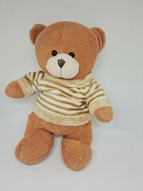 19 - DOUDOU PELUCHE OURS MARRON PULL BLANC BEIGE RAYURE RAYE MAXITA 26cm TTBE