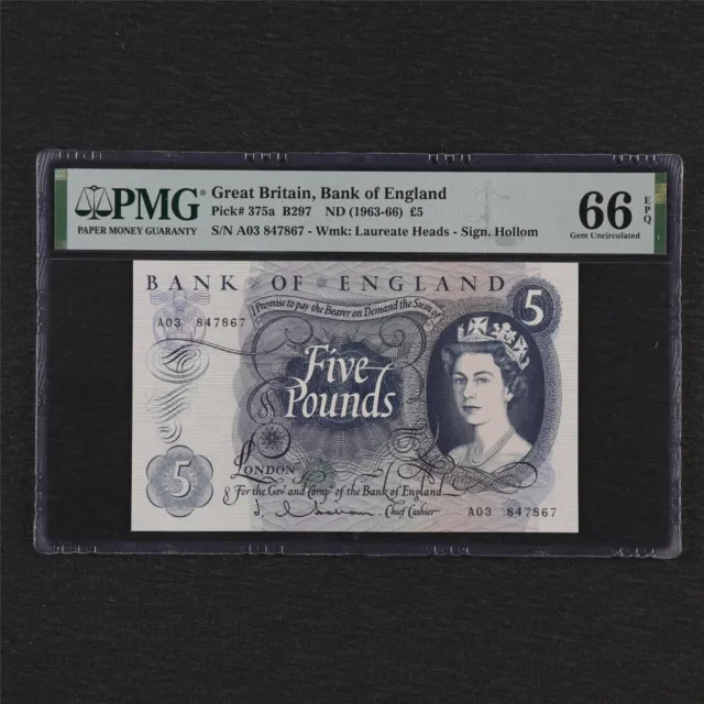 1963-66 Great Britain Bank of England 5 Pounds Pick#375a PMG 66 EPQ Gem UNC