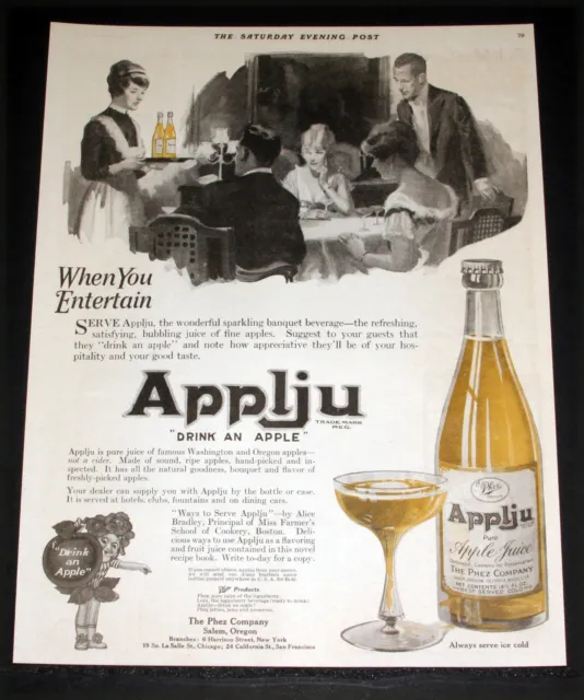 1919 Old Magazine Print Ad, Phez Applju, "Drink An Apple" When You Entertain!
