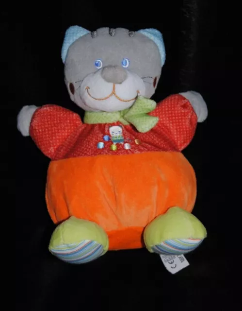 Peluche doudou chat boule MOTS D'ENFANTS Leclerc rouge orange écharpe pois vert