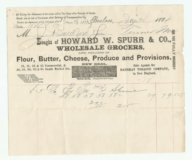 Howard W Spurr & Co Billhead 1884 Boston MA Wholesale Grocers Provisions Tobacco
