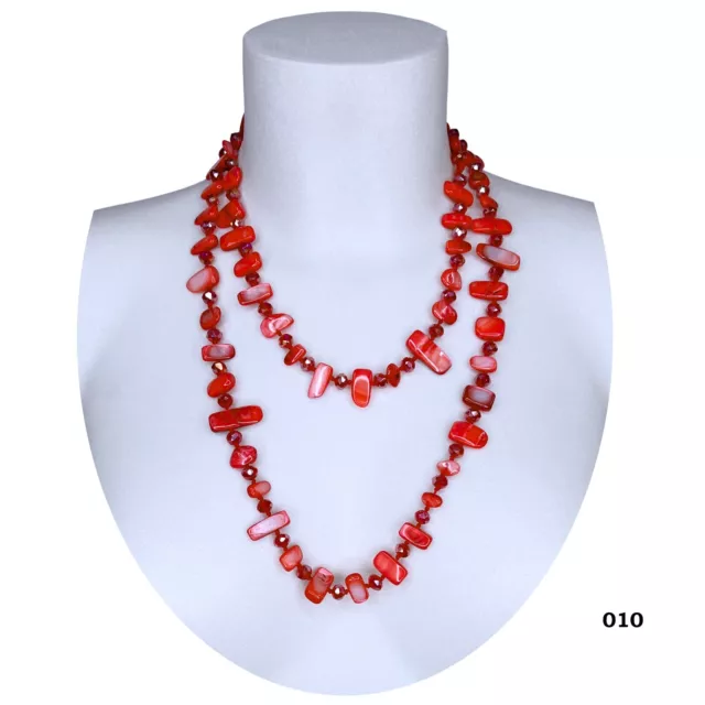 Collier Long Perles Nacre Cristaux Pierre Dure pour Femmes Rouge