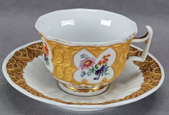 Meissen Hand Painted Floral Gold & White Gothic / Moorish Tea Cup & Saucer
