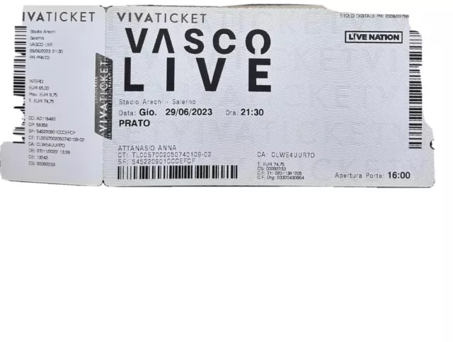 Biglietto Singolo Per  Concerto Vasco Rossi Salerno 29 giugno 2023