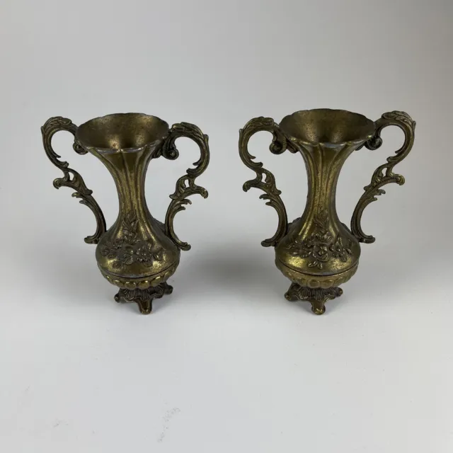 Vintage Brass Ornate Footed Bud Vase Floral Pattern Double Handle Italian Set 2