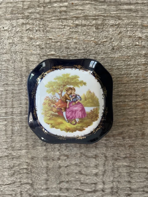 Vintage Limoges Couple Square Trinket Box, Watteau Bleu Cobalt Blue, 22K Gold