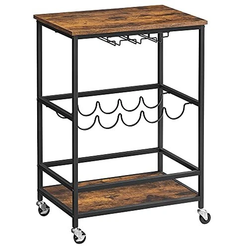 Bar Cart, Serving Cart with Wheels, Glass Stemware Rack and Wine Bottle