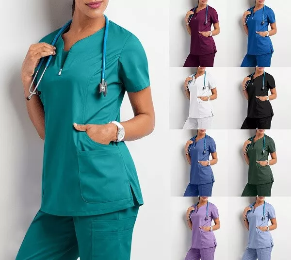 Womens Medical Uniform Nursing Scrub Tops V-neck Short Sleeve With Pocket Blouse