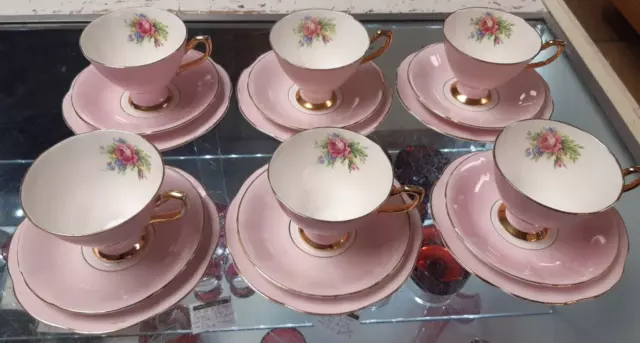 Vintage Set of 6 "Ashley" Pink China & 22Kt Gold Cups, Saucers & Cake Plates A/F