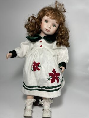 Vintage Redhead Green Eye Girl Wearing Christmas Dress Porcelain Doll W/stand