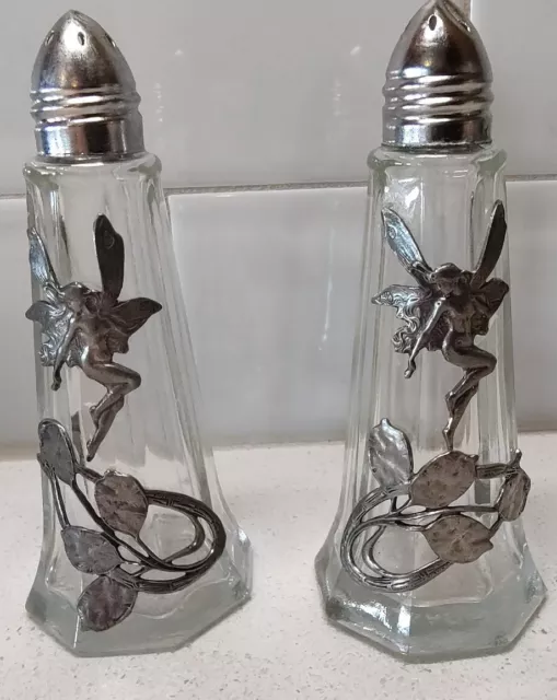 Vintage 4" Glass Salt & Pepper Shakers with Unique Pewter Fairy Adornment Taiwan