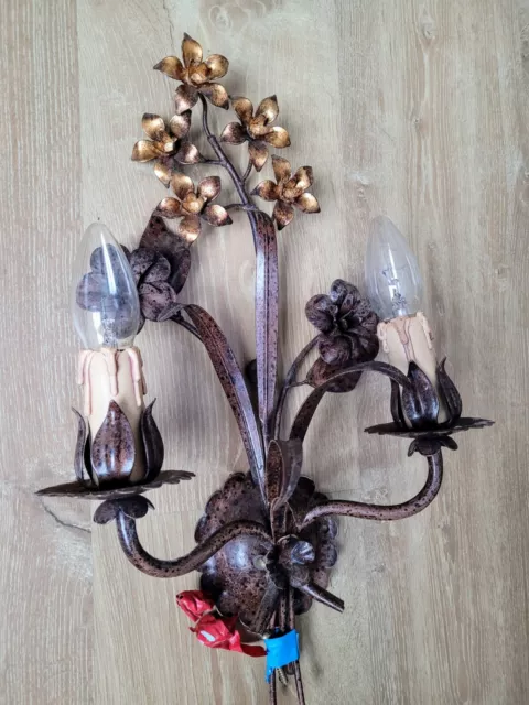 Stunning Floral Vintage Metal Gold Gilt Wall Sconce Light Electrical Candle