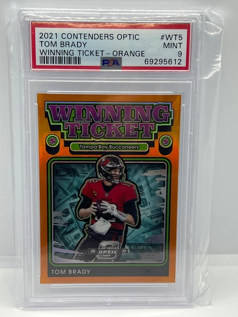 2021 Optic Contenders Tom Brady Orange Winning Ticket Parallel Card /50 SP PSA 9