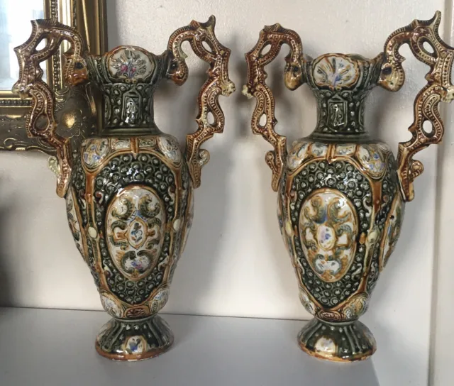 Antique Pair Pos’ Austrian Art Nouveau Majolica Vases . Large 14” Tall (REDUCED)
