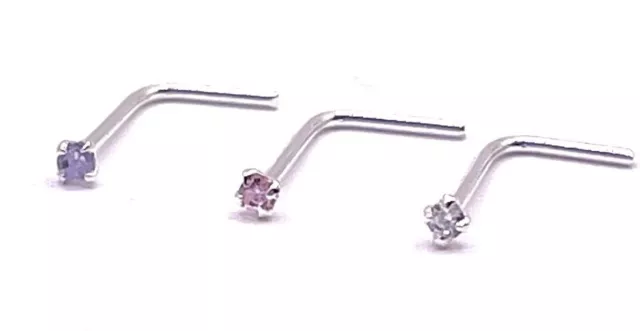 Tiny 1mm crystal nose stud Sterling Silver gem in Pink Lilac or Clear L Shaped