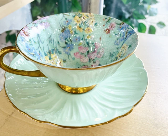 Vintage SHELLEY Melody Chintz Teacup Oleander Shape Cup and Saucer Green