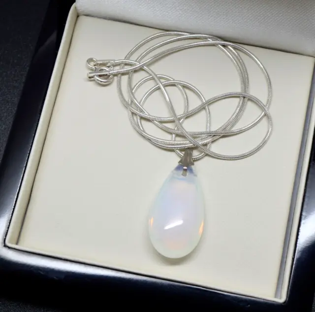 Sterling Silver 925 Necklace SNAKE CHAIN & OPALITE PENDANT Gift for Her