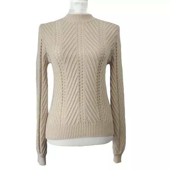 Forever 21 Beige Mockneck Woven Ribbed Knit Long Sleeve Stretchy Sweater M