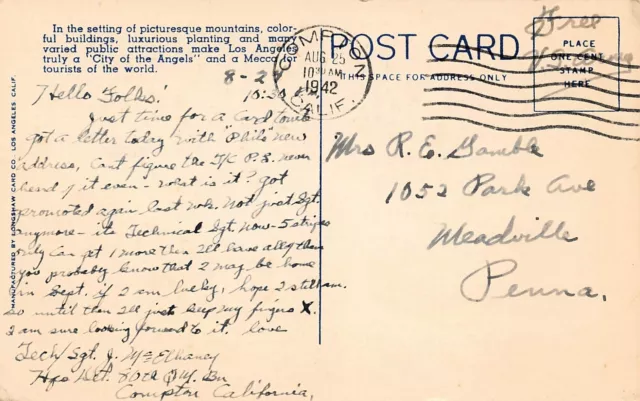 Sergeant McElhaney Soldier Mail Compton CA USAF Air Force Base Vtg Postcard C17