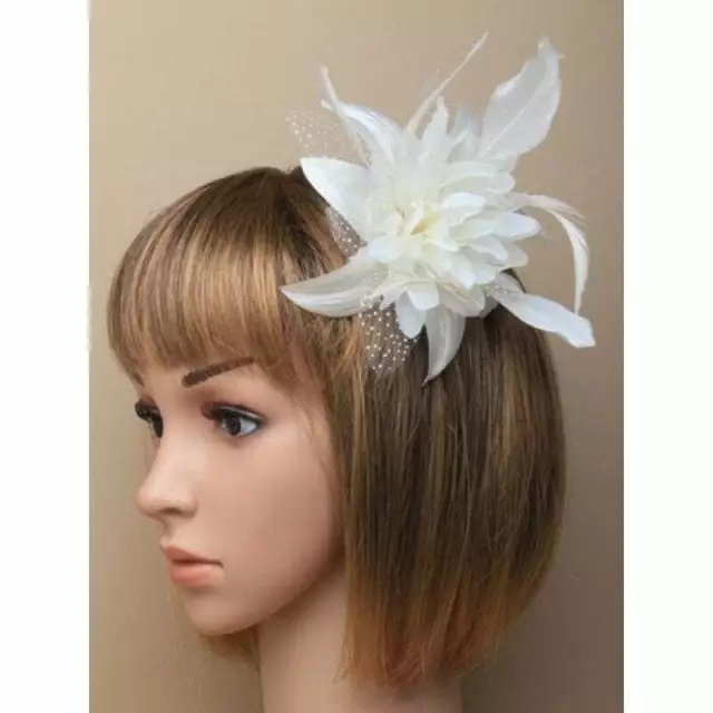 Cream white fascinator comb flower with feather tendrils