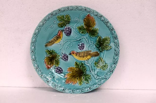 Antique German Majolica Grape & Bird Plate Porcelain Dish Carved Rim Embossed"9