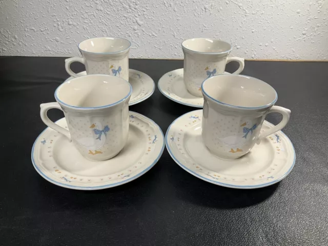 4 Brick Oven Stoneware Aunt Rhody Cups and Saucers Goose Bow