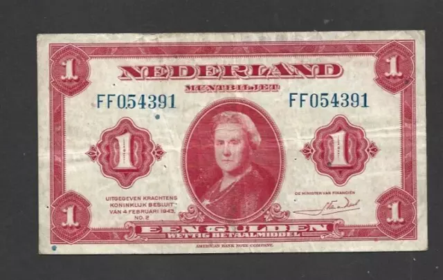 1  Gulden Vf-Fine  Banknote From  Netherlands 1943  Pick-64