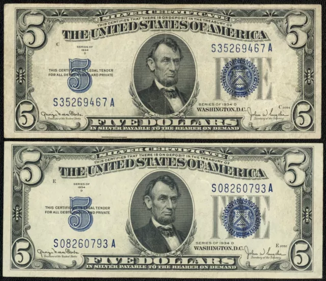 Lot of 2 1934 D $5 Five Dollar Silver Certificate Notes Fr#1654