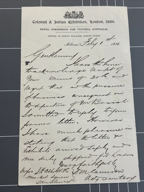 Pre Colonial Letters HANDWRITTEN LETTER 1886 Colonial Indian Exhibition Royal Commission ...
