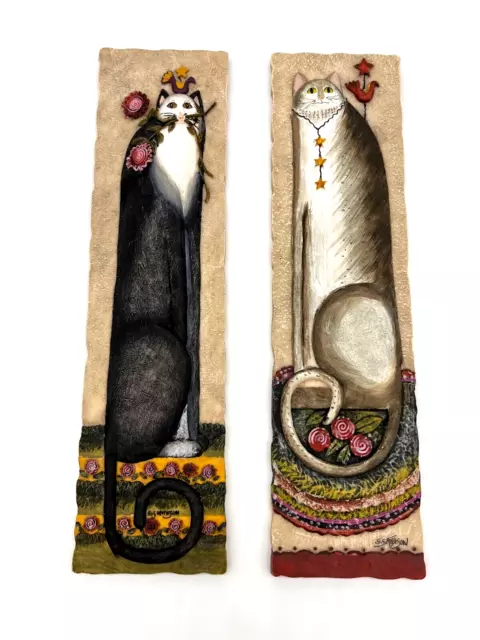 E Smithson Signed Long Body Cats On Rugs Hand Painted Wall Hanging Set of 2
