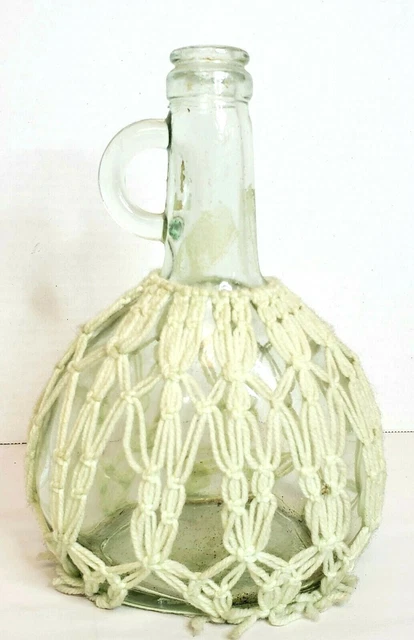 1970s Macramé Covered Glass Wine Chianti Bottle With Handle 8.25"