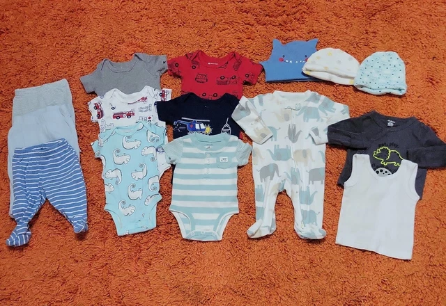GUC Bundle of Baby Boy 15 pc Lot Rompers & Top, Sleepers Pants Hats Newborn NB