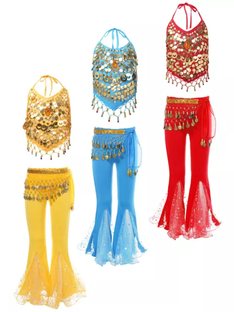 Girls Set 3Pcs Belly Dance Costume Lace-up Outfit Tassel Decor Flared Pants 3