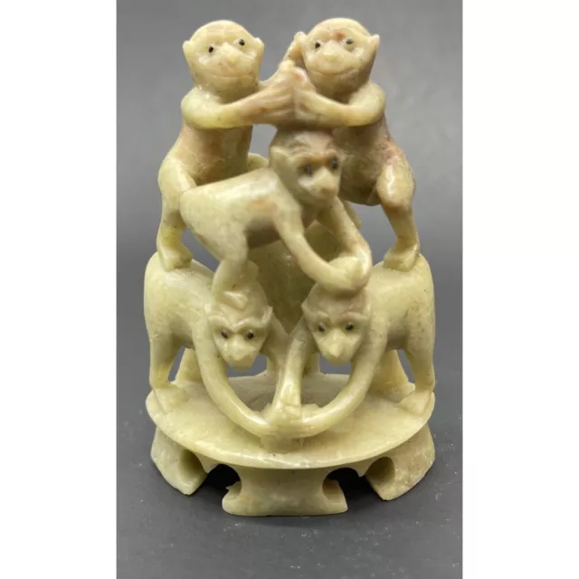 民国青田石雕群猴献瑞桃 Antique China Art Qingtian Stone Statue Figurine Monkeys Give Peachs