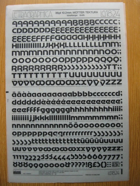 1 x Letraset Upp/Low Case & Num Motter Tektura 10,2 mm 36pt Blatt LG1824 (R)