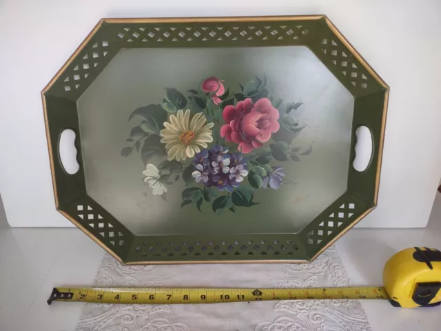 Vintage large Tole tray Floral Hand Painted Filagree handles toleware 19"